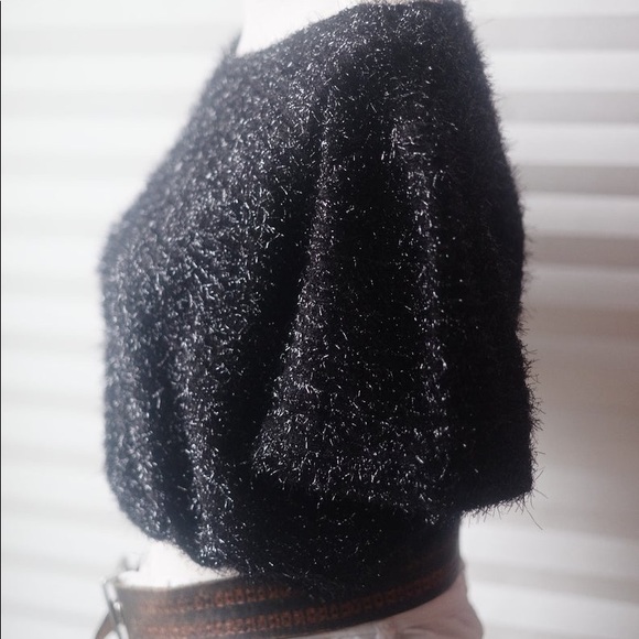 Vtg 80s Fluffy Sparkly Black & Silver Crop Sweater - Picture 2 of 9